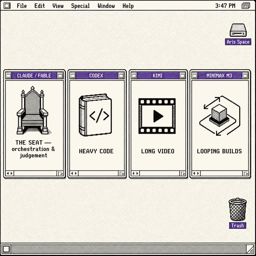 A System 7 style desktop with four model windows, each pinned to the task it performs best at