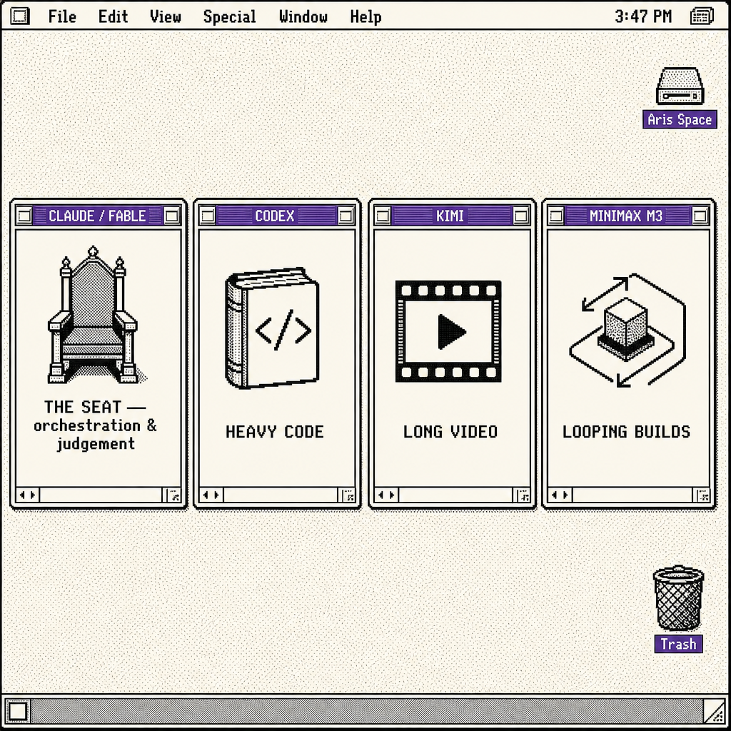 A System 7 style desktop with four model windows, each pinned to the task it performs best at