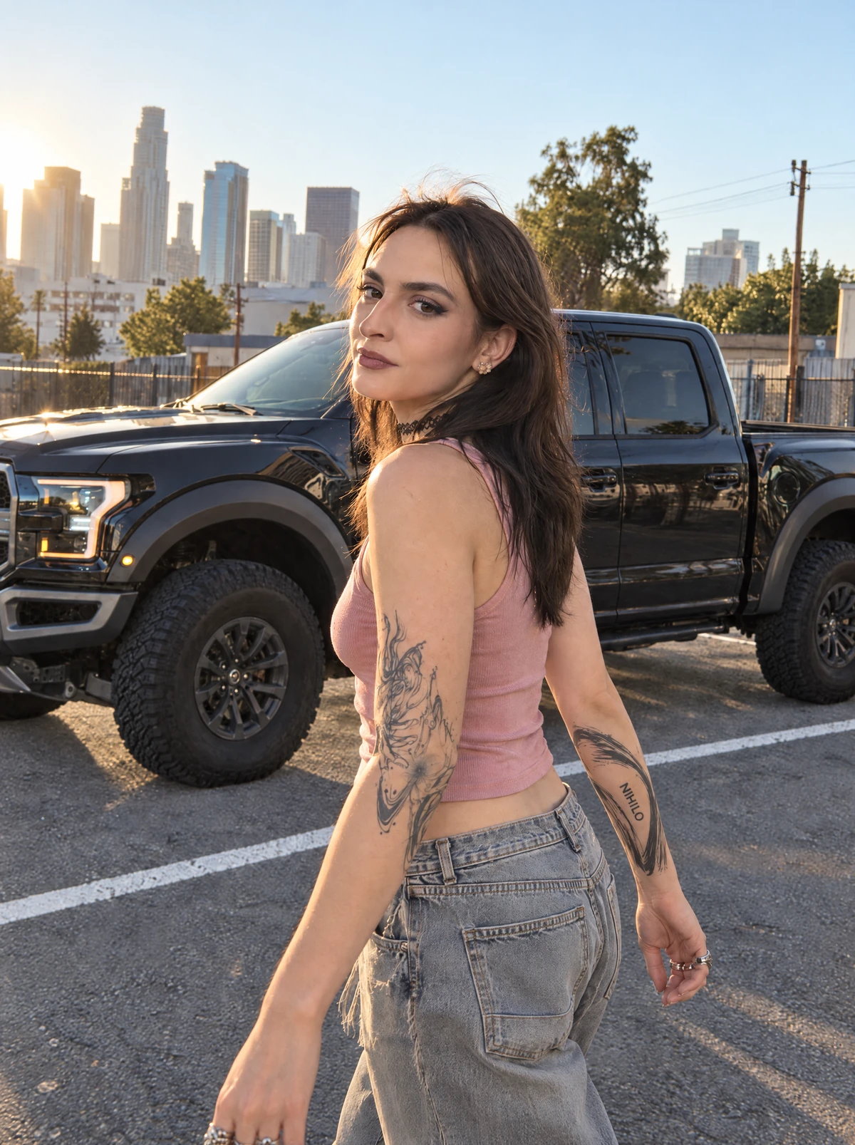 Ari looks back beside the black Raptor in balanced warm daylight.