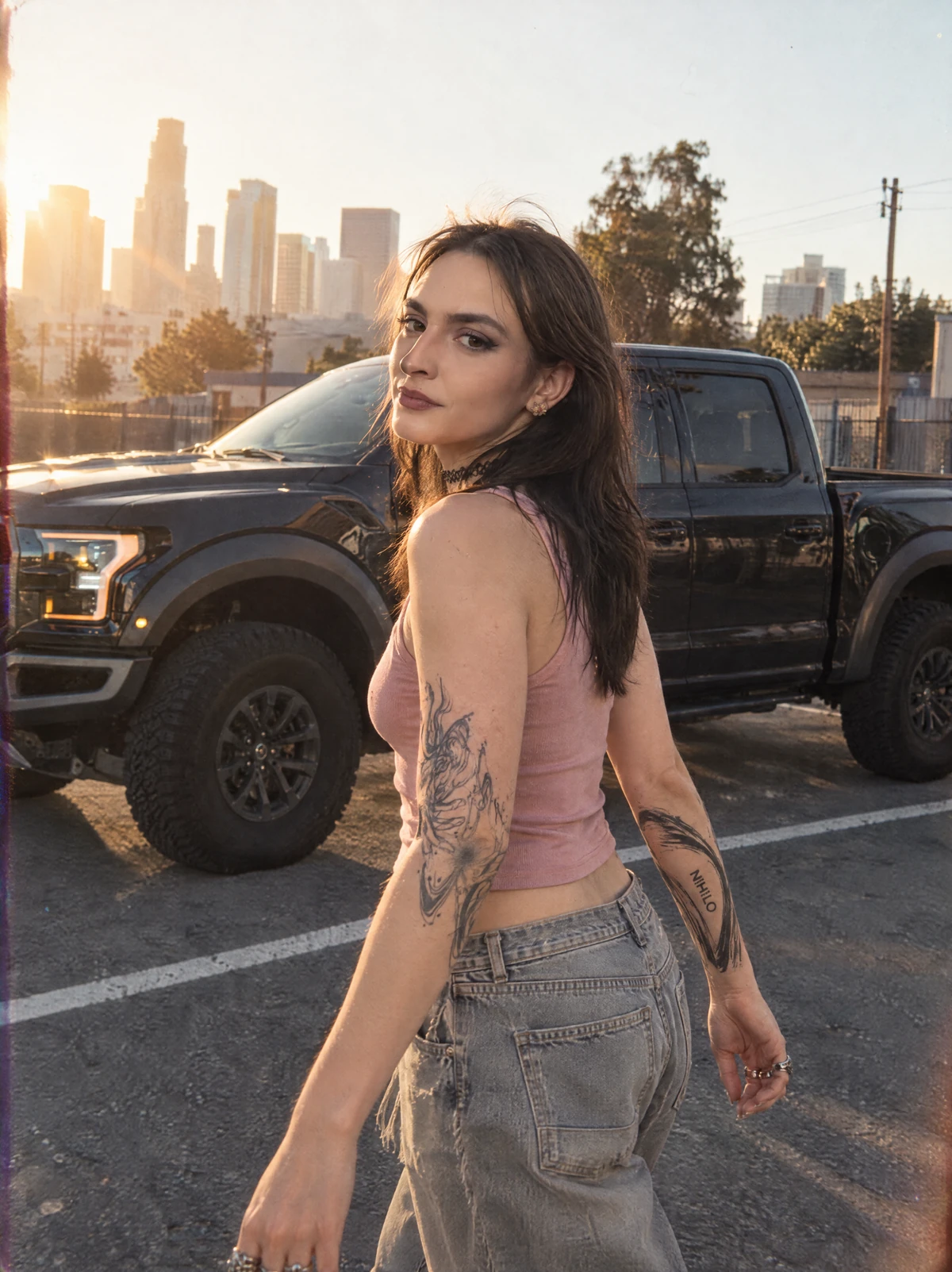The original selected generated still: Ari looks back in a pink tank and denim beside the parked Raptor.