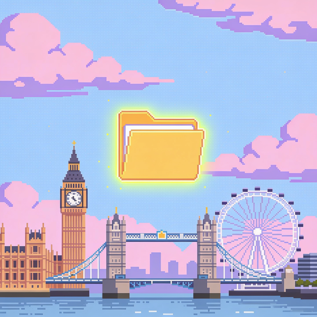 Pixel-art London skyline with Big Ben, Tower Bridge and the London Eye, a glowing folder floating above