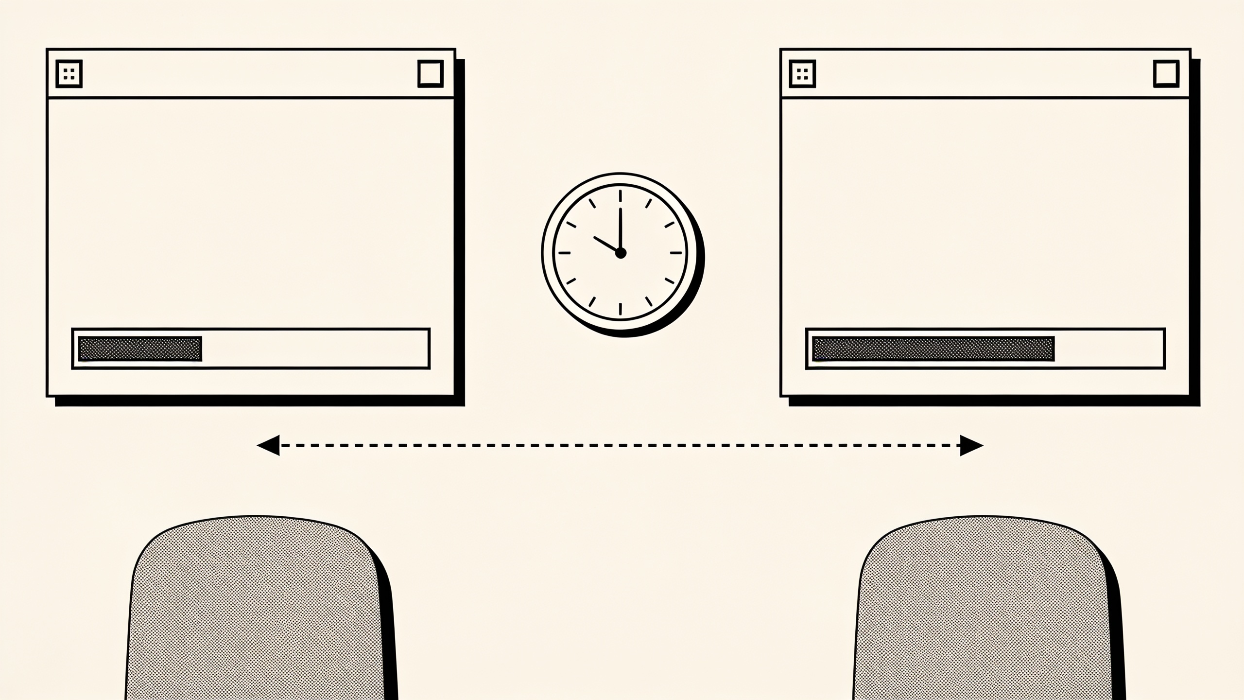 Two empty windows with a clock between them and a dashed arrow passing underneath.