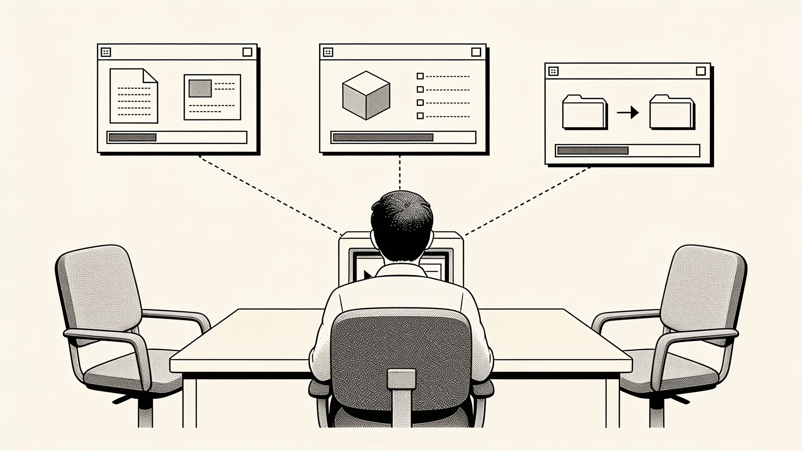 A person sits in the CEO chair at a desk. Three worker windows float above. Two empty seats wait across the table.