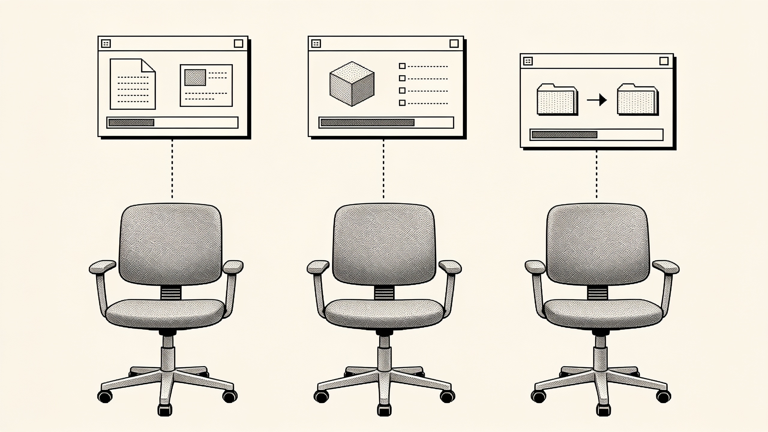 Three chairs, each linked by a short vertical line to its own window.