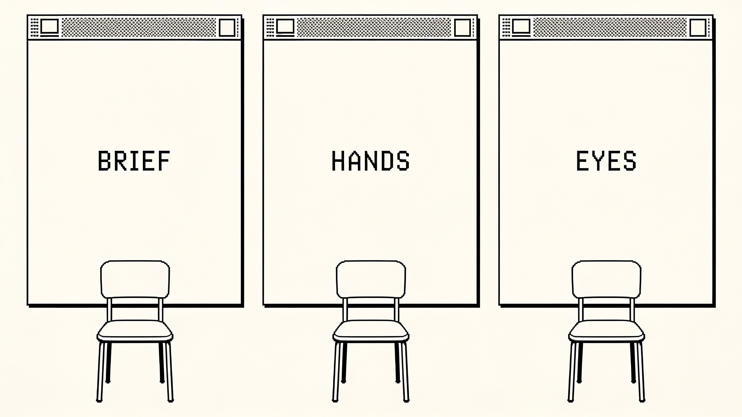 Three windows labeled BRIEF, HANDS, and EYES, each with an empty chair.