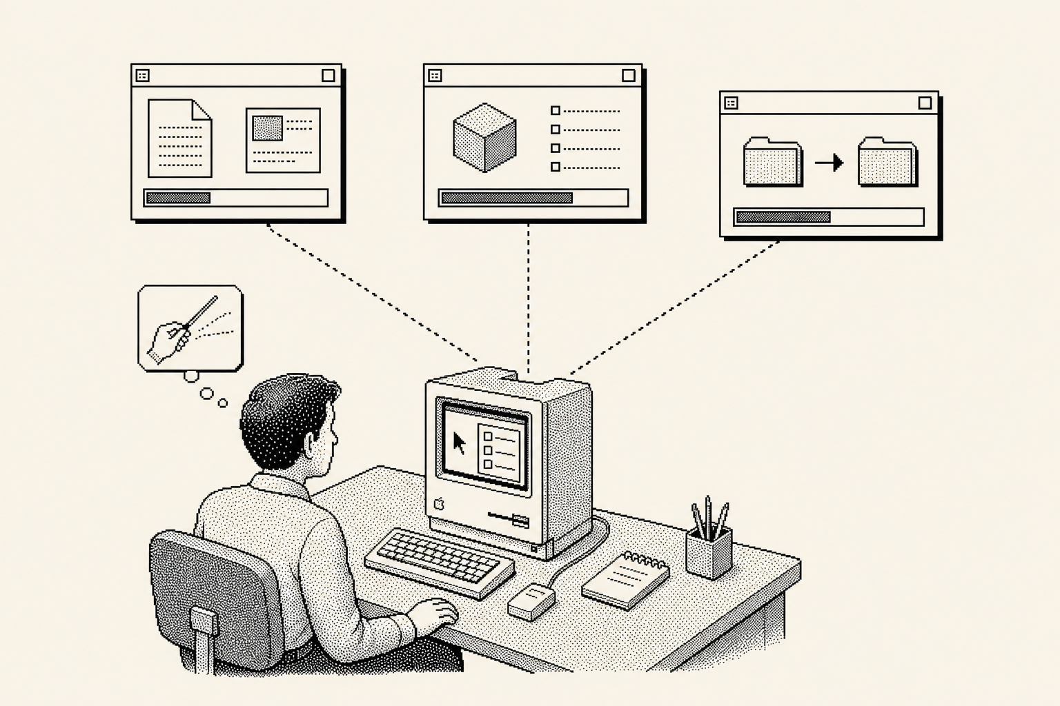 The orchestrator sits in the chair while background workers carry out defined tasks.