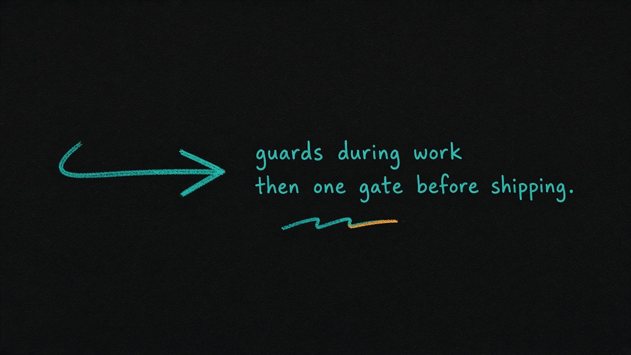 Hand arrow: guards during the work, then one gate before shipping