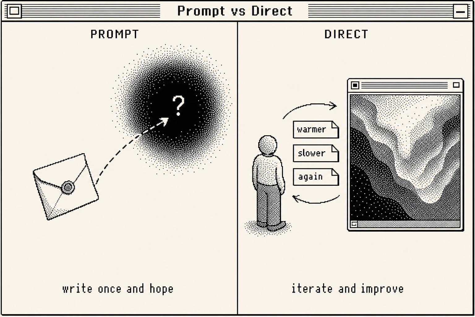 Two panels. On the left a sealed memo is fired once into a dark void. On the right a person stands at a live monitor calling notes as the screen changes, with arrows looping between them