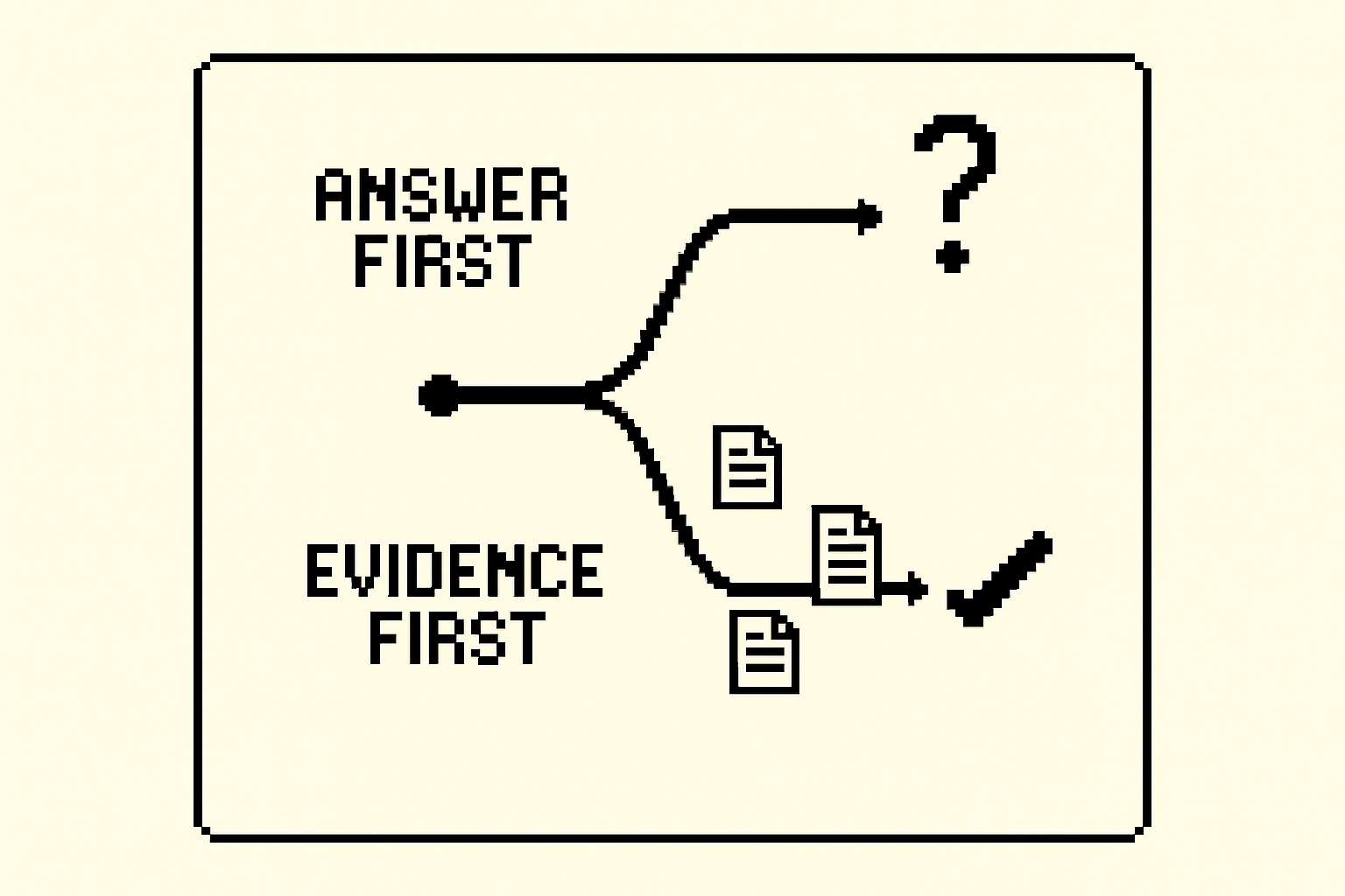 Two paths, one starting from a guess and one starting from evidence, ending at different answers