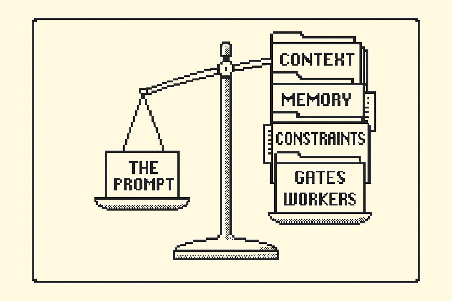 A tiny one-line prompt on one side, weighed against a tall stack of context, constraints, memory, gates and workers on the other