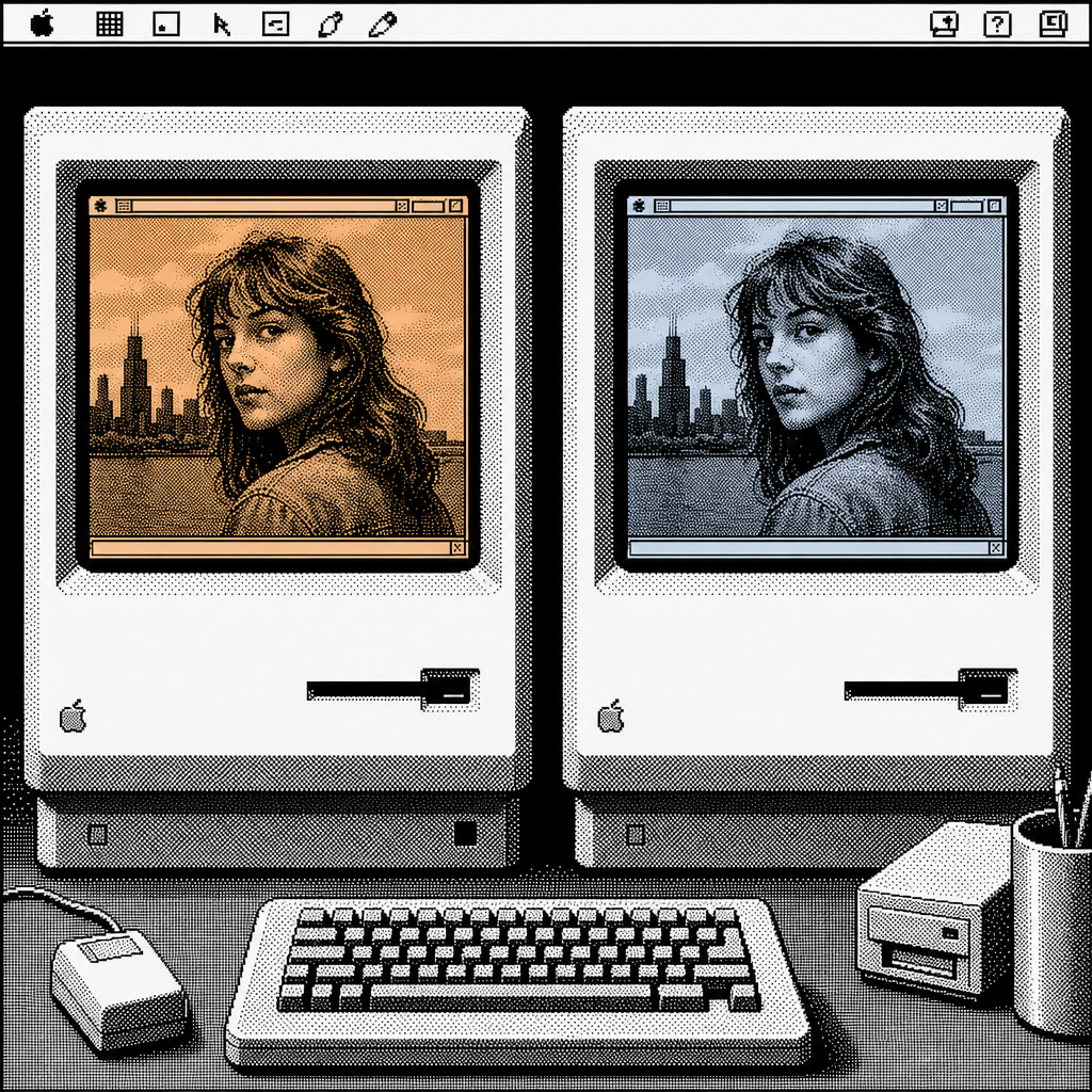 Two monitors side by side showing the same portrait: the left screen has a warm cast and looks neutral, the right screen looks cold and blue. System-7 8-bit pixel art style.