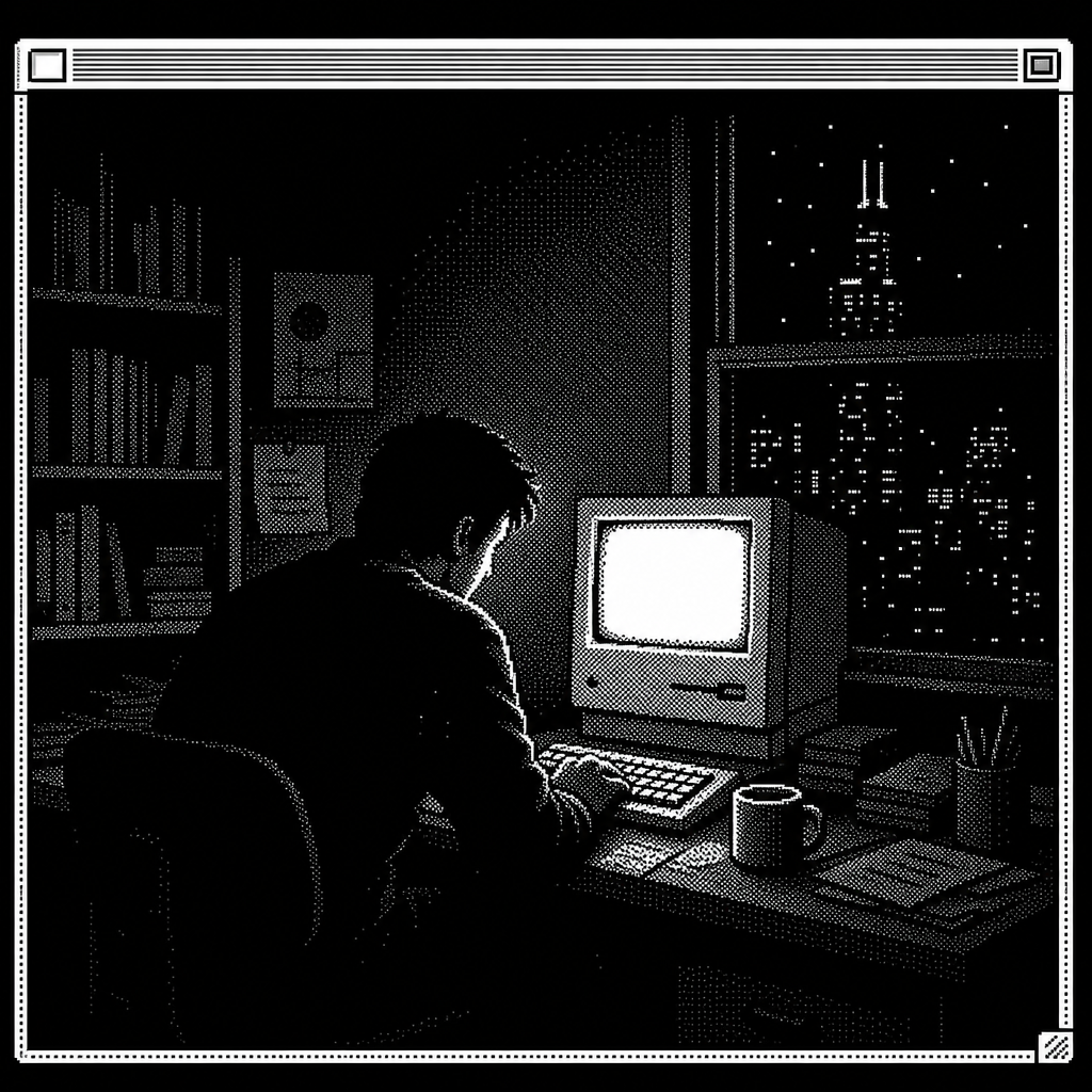 A lone figure hunched at a desk in the dark, lit only by a glowing screen, late at night. System-7 8-bit pixel art style.